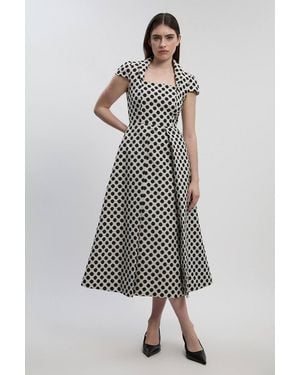 Karen Millen Petite Spot Jacquard Square Neck Tailored Full Skirted Midi Dress - Multicolour