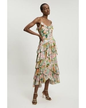 Karen Millen Floral Print Frill Detail Viscose Maxi Dress - Metallic