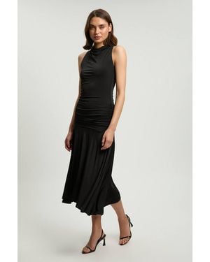 Karen Millen Petite Stretch Drapey Crepe Ruched Hanky Hem Midi Dress - Black