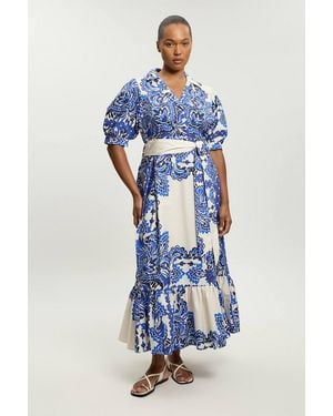 Karen Millen Plus Size Tile Print Cotton Poplin Midi Dress - Blue