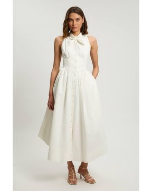 Karen Millen Petite Cotton Poplin Tie Neck Midi Dress - White