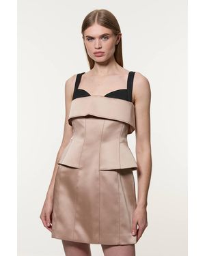 Karen Millen Structured Viscose Satin Stitch Detail Tailored Peplum Mini Dress - Natural