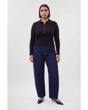 Karen Millen Plus Size Viscose Rib Jersey Long Sleeve Collared Button Top - Blue