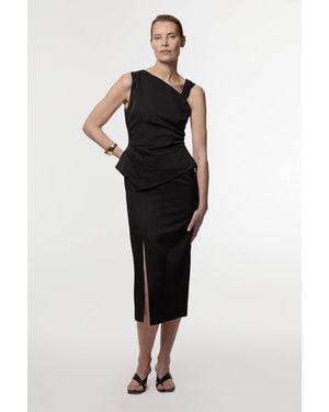 Karen Millen Premium Viscose Linen Asymmetric Neck Tailored Pencil Maxi Dress - Black
