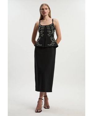 Karen Millen Crystal Embellished Peplum Bandeau Pencil Midi Dress - Black