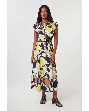 Karen Millen Abstract Print Viscose Linen Woven Ruffle Sleeve Midi Dress - White