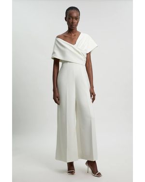 Karen Millen Petite Compact Viscose Stretch Tailored Off Shoulder Jumpsuit - White