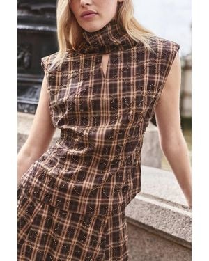 Karen Millen Beaded Check Print High Neck Top - Brown
