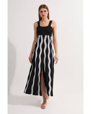 Karen Millen Petite Contrast Wave Knit A-Line Knitted Strappy Dress - White
