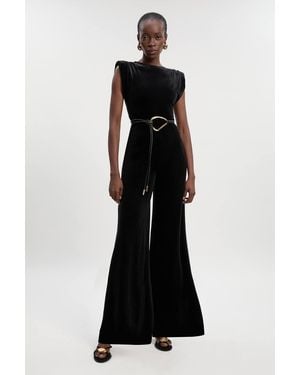 Karen Millen Stretch Velvet Strong Shoulder Jumpsuit - Black