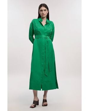 Karen Millen Viscose Linen Woven Belted Shirt Dress - Green