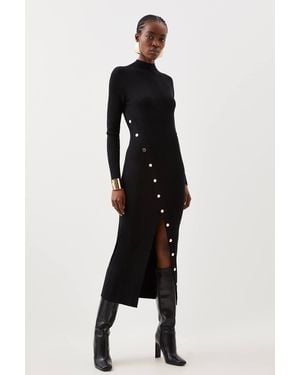 Karen Millen Viscose Blend Popper Detail Split Knit Midi Dress - Black