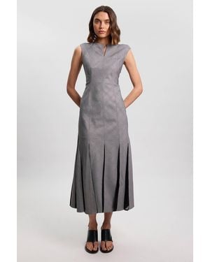 Karen Millen Petite Soft Tailored Check Godet Detail Midi Dress - Grey