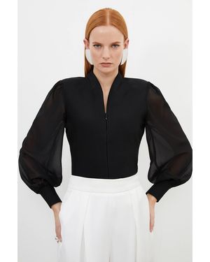 Karen Millen Bandage Figure Form Zip Detail Chiffon Sleeve Knit Top - Black
