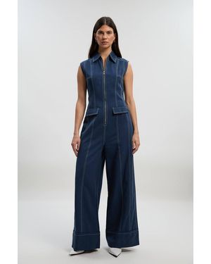 Karen Millen Tencel Cotton Contrast Stitch Zip Front Woven Jumpsuit - Blue