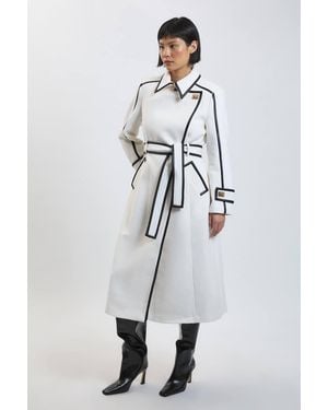 Karen Millen Petite Brushed Wool Pu Trim Belted Tailored Double Breasted Midi Coat - White