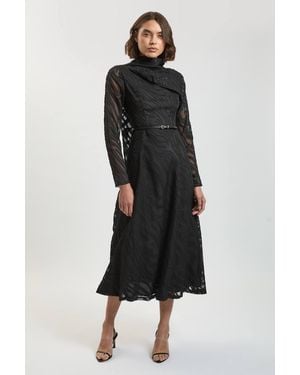 Karen Millen Slub Self Stripe Scarf Detail Woven Maxi Dress - Black