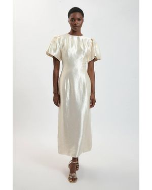 Karen Millen Petite Puff Sleeve Metallic Textured Midi Dress - White