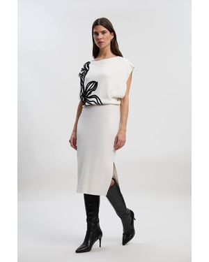 Karen Millen Placed Cornelli Knitted Pencil Midi Dress - Natural