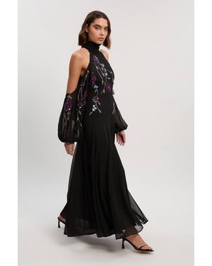 Karen Millen Cold Shoulder 3D Floral Applique Woven Maxi Dress - Black