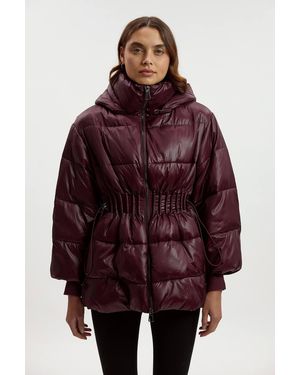 Karen Millen Quilted Drawstring Waist Hooded Rib Cuff Puffer Jacket - Red