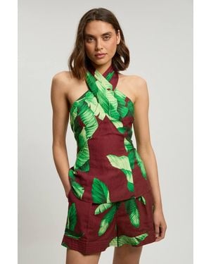 Karen Millen Viscose Linen Palm Tree Woven Shorts - Green