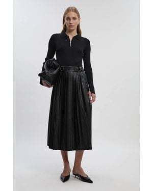 Karen Millen Knitted Zip Neck Pu Mix Pleated Midi Dress - Black