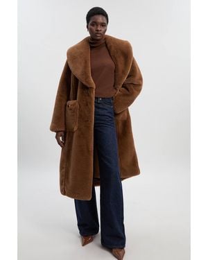 Karen Millen Faux Fur Buttoned Midi Coat - Brown