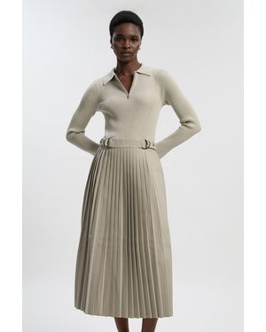 Karen Millen Knitted Zip Neck Pu Mix Pleated Midi Dress - Multicolour