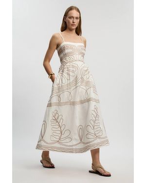 Karen Millen Cotton Linen Cornelli Embroidered Strappy Woven Midi Dress - Natural