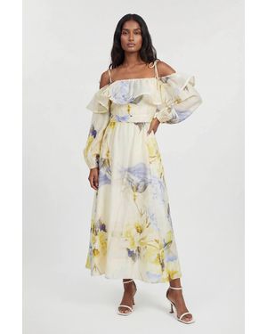 Karen Millen Petite Floral Off The Shoulder Shirred Woven Maxi Dress - Natural