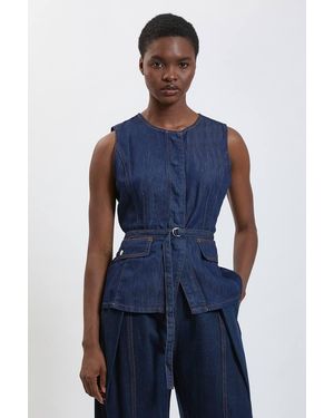 Karen Millen Utility Denim Pleated Sleeveless Top - Blue