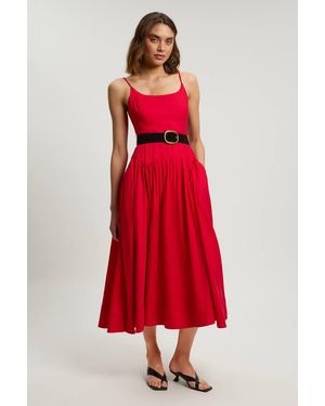 Karen Millen Petite Viscose Linen Belted Drop Waist Woven Midi Dress - Red