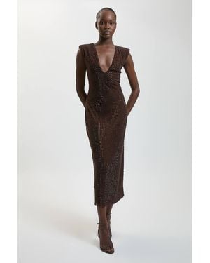 Karen Millen Premium Crystal Embellished Jersey Sleeveless Plunge Neck Midi Dress - Brown