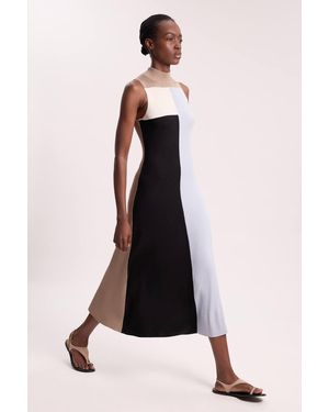 Karen Millen Slinky Viscose Colour Block Full Skirted Knit Sleeveless Midi Dress - Multicolour