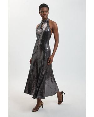 Karen Millen Sequin Keyhole Fit Flare Midi Dress - White