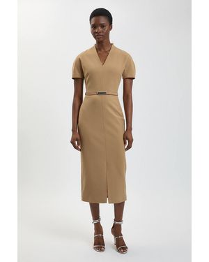 Karen Millen Compact Stretch Tailored Belted Midi Pencil Dress - Natural