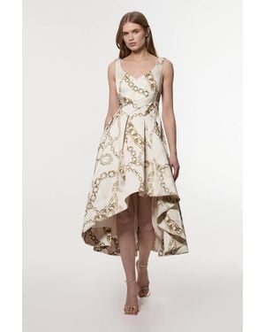 Karen Millen Structured Viscose Satin Chain Print Tailored Prom Maxi Dress - Natural