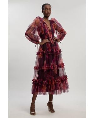 Karen Millen Floral Tulle Balloon Sleeve Plunge Woven Maxi Dress - Red