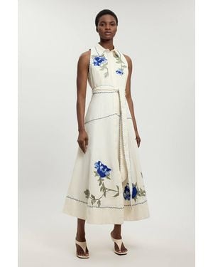 Karen Millen Petite Floral Applique Belted Midi Dress - Natural