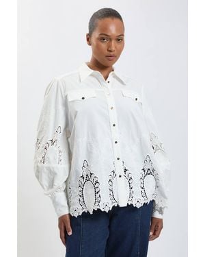 Karen Millen Plus Size Cotton Cutwork Balloon Sleeve Woven Shirt - White