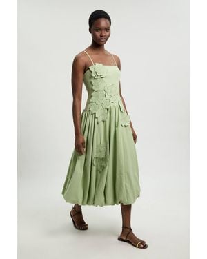 Karen Millen Cotton Linen 3D Floral Bubble Hem Midi Dress - Green