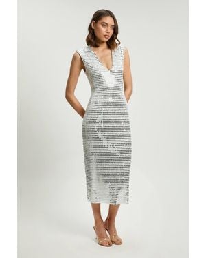 Karen Millen Premium Crystal Embellished Jersey Sleeveless Plunge Neck Midi Dress - Grey