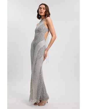 Karen Millen Crystal Embellished Halter Woven Maxi Dress - White