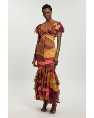 Karen Millen Abstract Print Ruffle Sleeve Button Through Midi Dress - Red