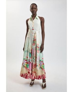 Karen Millen Scenic Print Cotton Sateen Shirt Dress - White