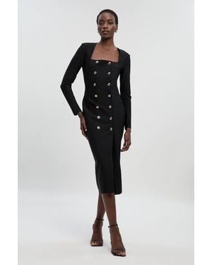 Karen Millen Figure Form Bandage Woven Mix Military Button Blazer Knit Midi Dress - Black
