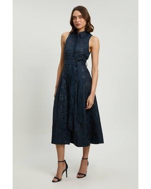 Karen Millen Linen Matte Sequin Collared Midi Dress - Blue