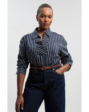 Karen Millen Plus Size Forever Boxy Cotton Placket Detail Woven Shirt - Blue
