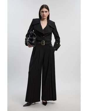 Karen Millen Polished Tailored Pleated Wide Leg Belted Trouser - Black